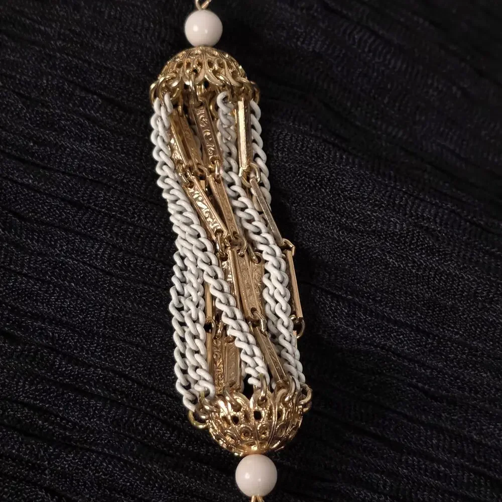 Vintage Mod White Enamel Gold Tone Tassel Pendant Necklace Statement Boho
